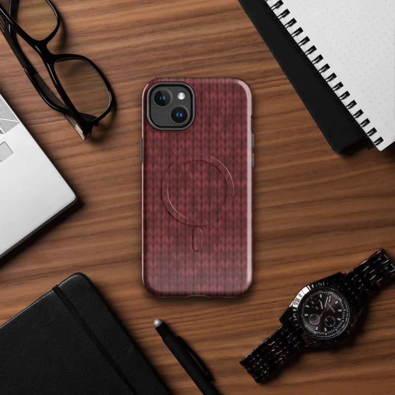 Glossy Crimson Knit Cozy MagSafe Tough Case for iPhone — close-up realistic red knitted wool sweater stitch pattern in deep