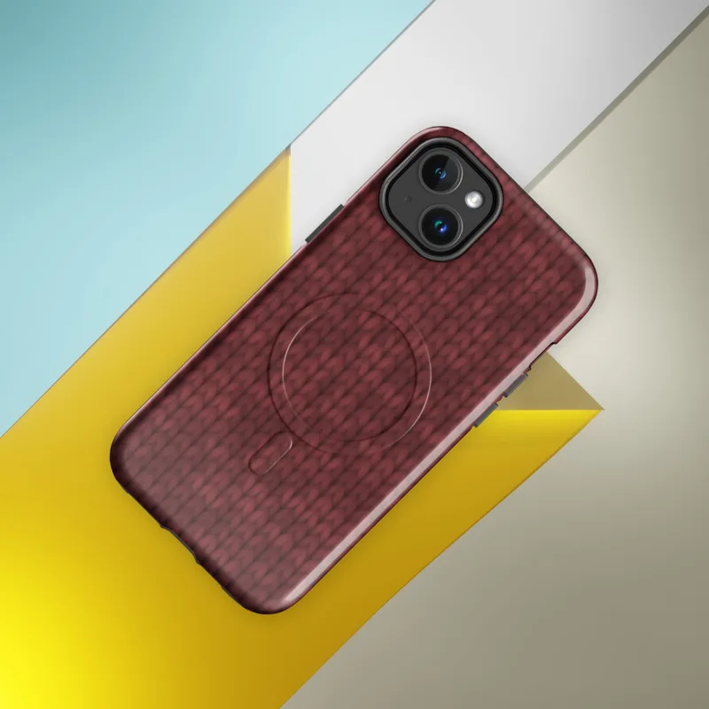 Glossy Crimson Knit Cozy MagSafe Tough Case for iPhone — close-up realistic red knitted wool sweater stitch pattern in deep