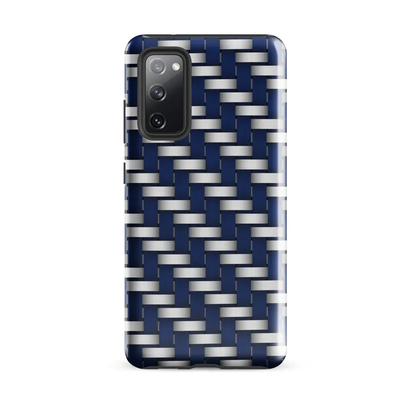 Glossy Steel Weave Navy Armor Tough Case for Samsung — interlaced basket-weave pattern of deep navy blue and brushed silver