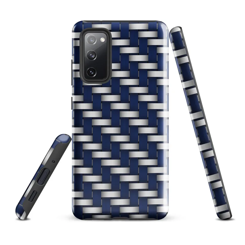 Glossy Steel Weave Navy Armor Tough Case for Samsung — interlaced basket-weave pattern of deep navy blue and brushed silver