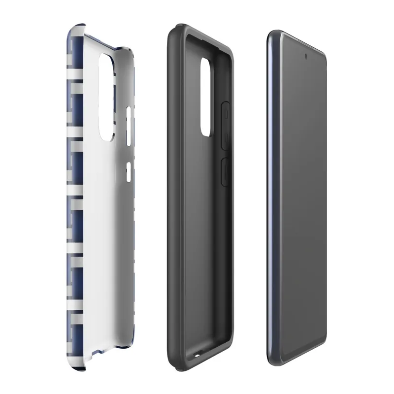Glossy Steel Weave Navy Armor Tough Case for Samsung — interlaced basket-weave pattern of deep navy blue and brushed silver