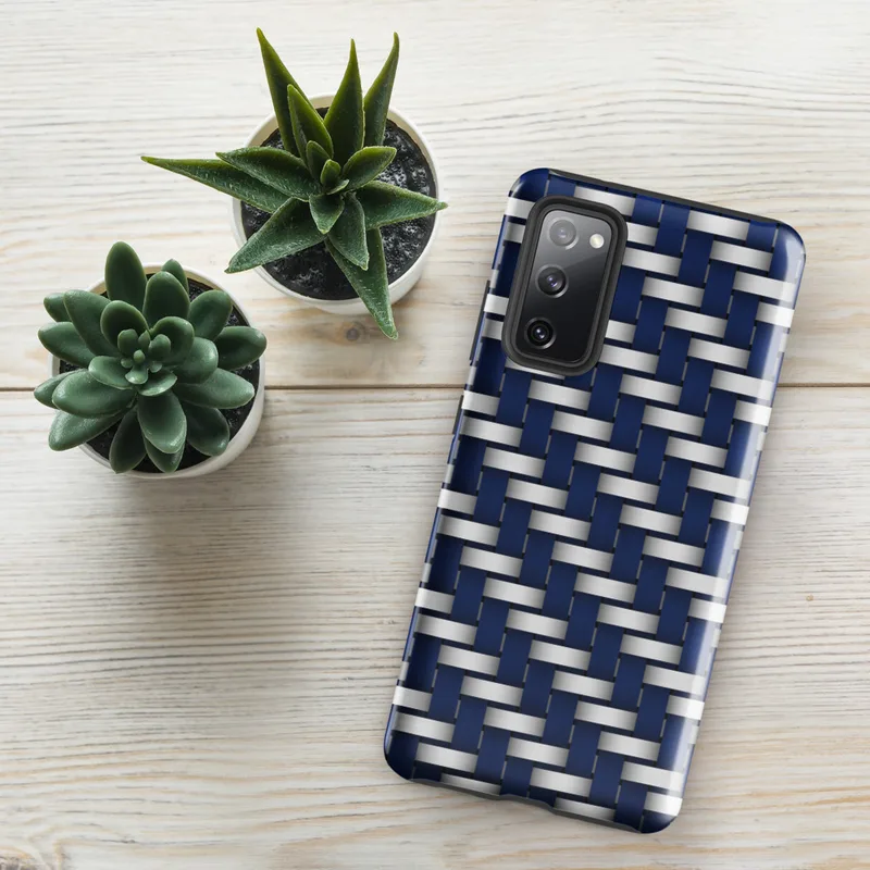 Glossy Steel Weave Navy Armor Tough Case for Samsung — interlaced basket-weave pattern of deep navy blue and brushed silver