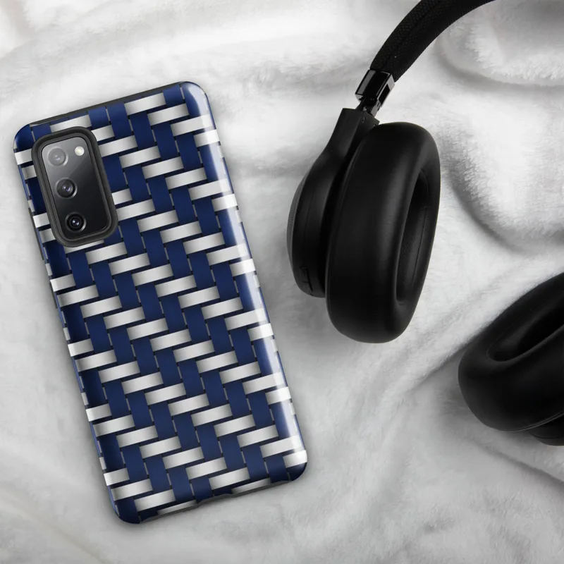 Glossy Steel Weave Navy Armor Tough Case for Samsung — interlaced basket-weave pattern of deep navy blue and brushed silver