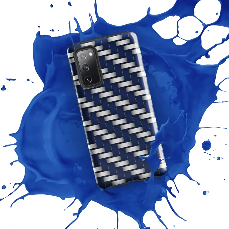 Glossy Steel Weave Navy Armor Tough Case for Samsung — interlaced basket-weave pattern of deep navy blue and brushed silver