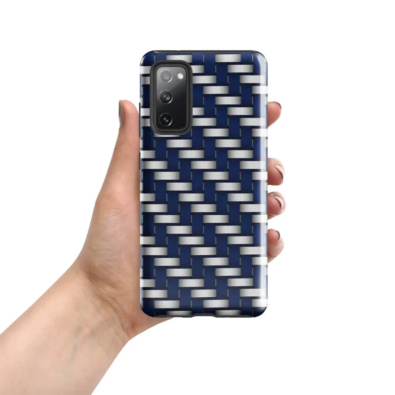 Glossy Steel Weave Navy Armor Tough Case for Samsung — interlaced basket-weave pattern of deep navy blue and brushed silver
