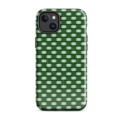 repeating woven basket-weave grid pattern in deep forest green and soft mint white with subtle 3D shading on each rectangular tile on Glossy Grid Weave Green MagSafe Tough Case for iPhone - default - Front view