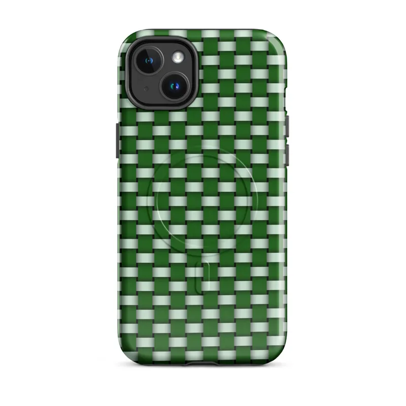 Glossy Grid Weave Green MagSafe Tough Case for iPhone — repeating woven basket-weave grid pattern in deep forest green