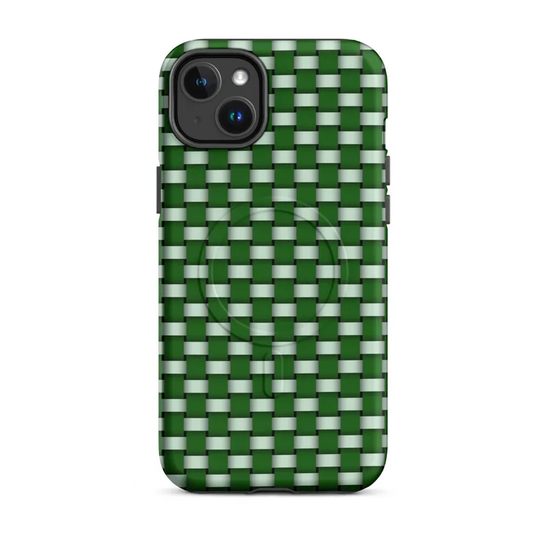 Matte Grid Weave Green MagSafe Tough Case for iPhone — repeating woven basket-weave grid pattern in deep forest green