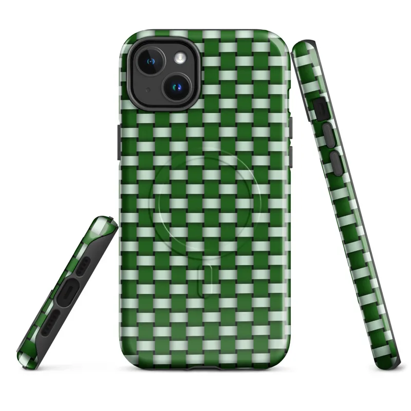 Glossy Grid Weave Green MagSafe Tough Case for iPhone — repeating woven basket-weave grid pattern in deep forest green