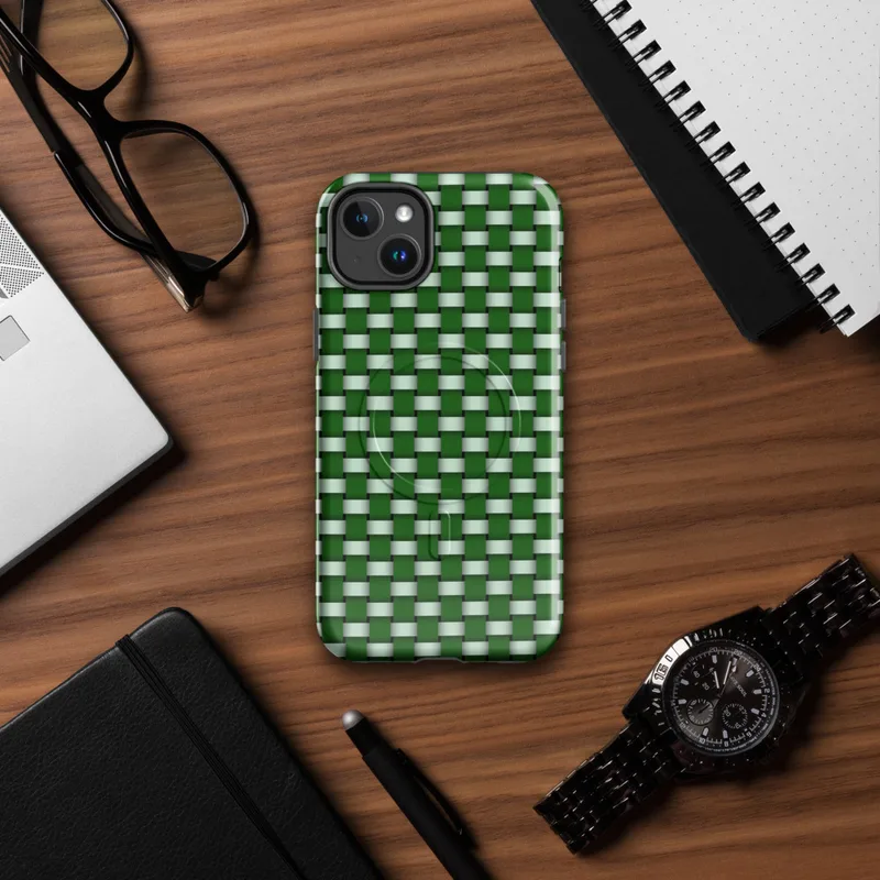 Glossy Grid Weave Green MagSafe Tough Case for iPhone — repeating woven basket-weave grid pattern in deep forest green