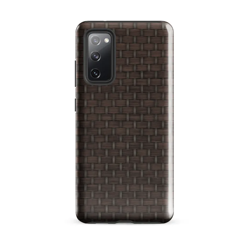Glossy Woven Rattan Tough Case for Samsung — close-up woven basketweave pattern in deep chocolate brown with interlocking