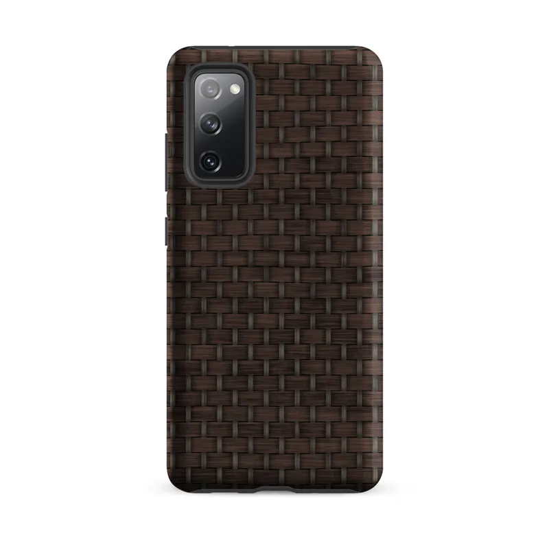 Matte Woven Rattan Tough Case for Samsung — close-up woven basketweave pattern in deep chocolate brown with interlocking