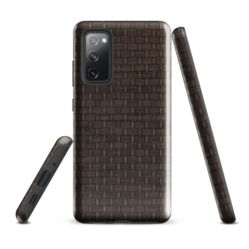 Glossy Woven Rattan Tough Case for Samsung — close-up woven basketweave pattern in deep chocolate brown with interlocking
