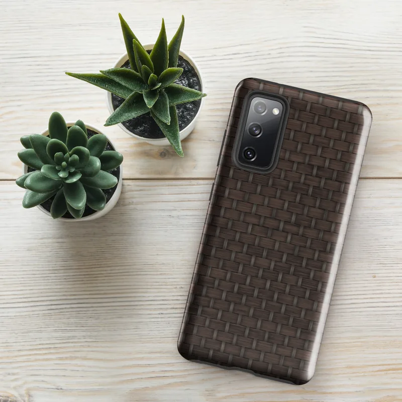 Glossy Woven Rattan Tough Case for Samsung — close-up woven basketweave pattern in deep chocolate brown with interlocking
