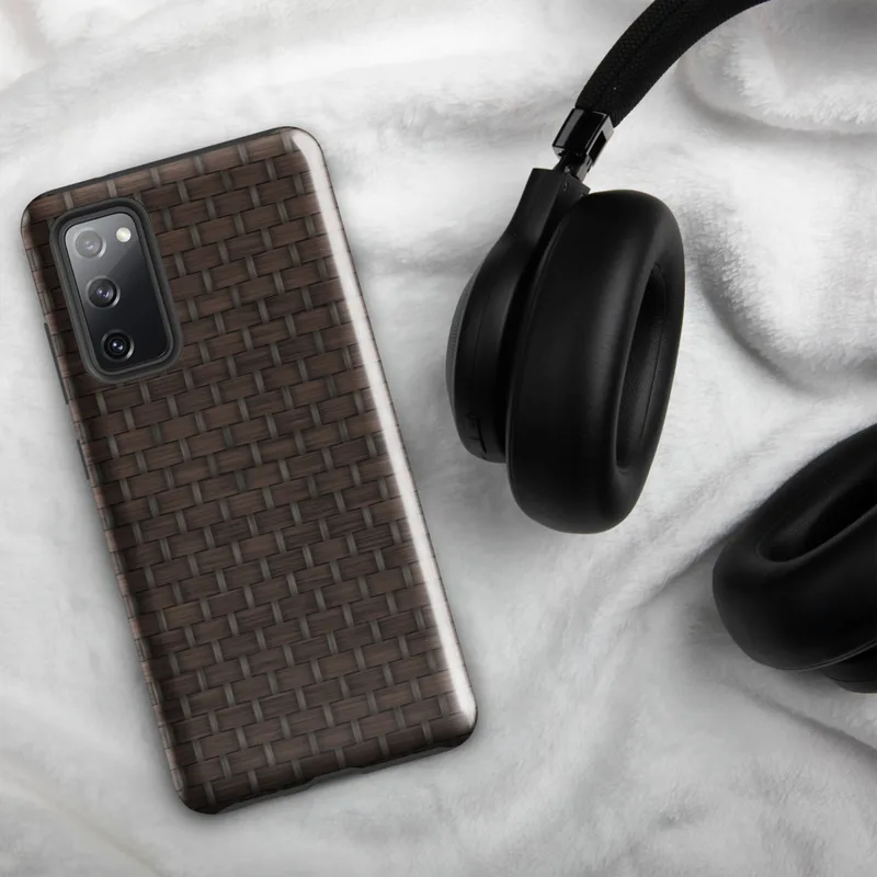 Glossy Woven Rattan Tough Case for Samsung — close-up woven basketweave pattern in deep chocolate brown with interlocking