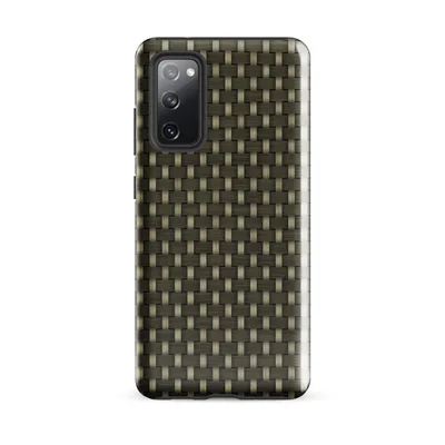 close-up woven basket texture in deep olive and warm khaki, interlocking horizontal and vertical bands with realistic fiber shading on Glossy Tactical Weave Armor Tough Case for Samsung - default - Front view