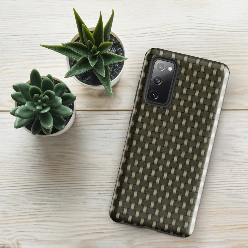 Glossy Tactical Weave Armor Tough Case for Samsung — close-up woven basket texture in deep olive and warm khaki