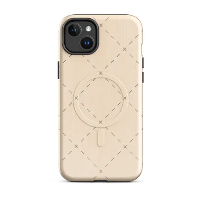 repeating diamond lattice of grey dashed lines and small cross stitch marks on a warm peachy cream background on Glossy Delicate Cross Stitch Lattice MagSafe Tough Case for iPhone - default - Front view