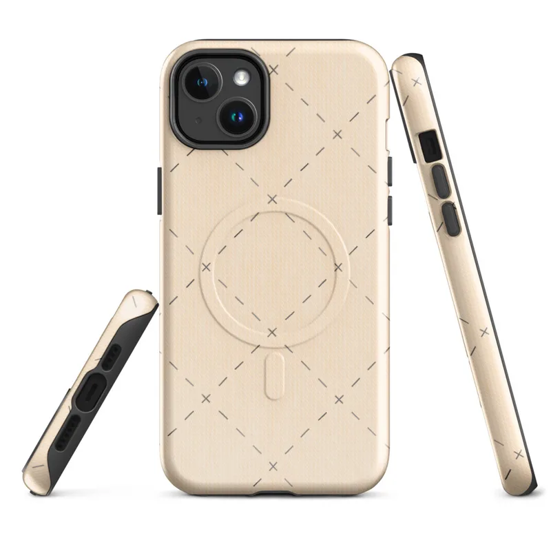 Glossy Delicate Cross Stitch Lattice MagSafe Tough Case for iPhone — repeating diamond lattice of grey dashed lines