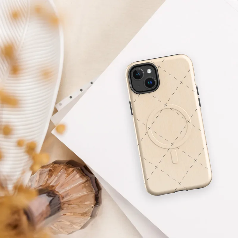 Glossy Delicate Cross Stitch Lattice MagSafe Tough Case for iPhone — repeating diamond lattice of grey dashed lines