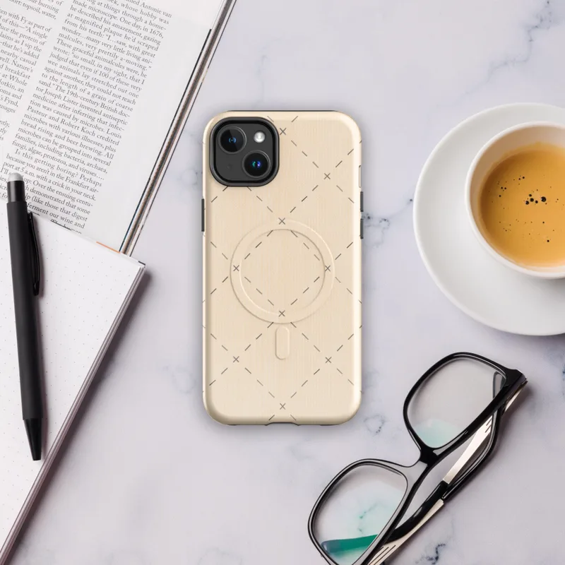 Glossy Delicate Cross Stitch Lattice MagSafe Tough Case for iPhone — repeating diamond lattice of grey dashed lines