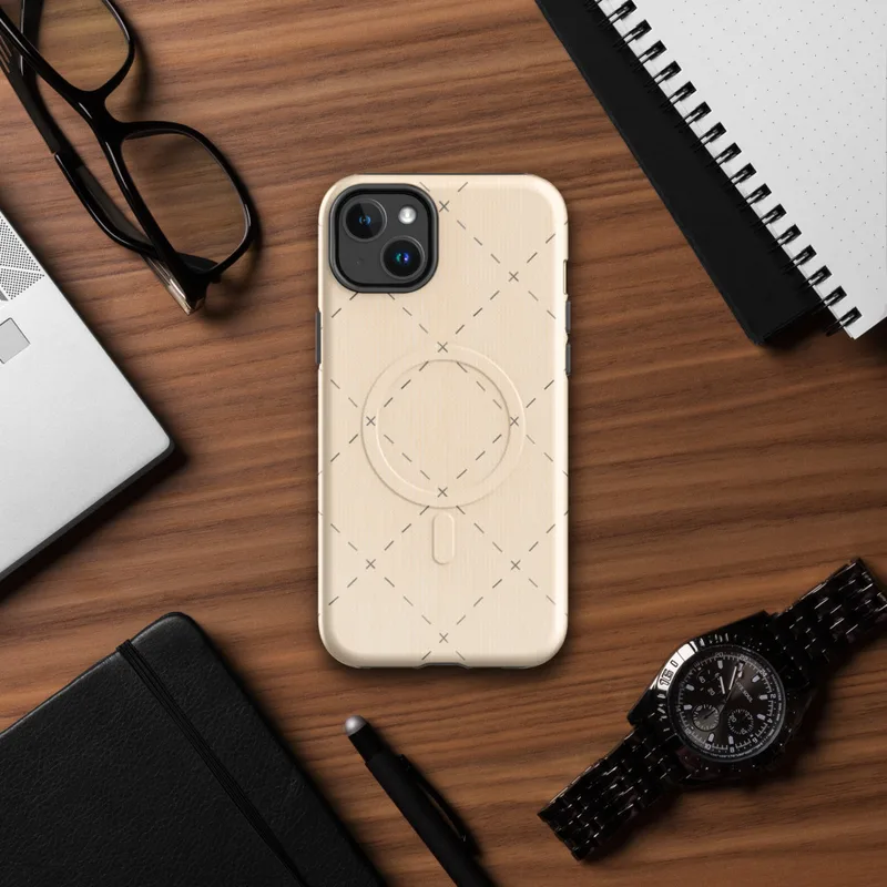 Glossy Delicate Cross Stitch Lattice MagSafe Tough Case for iPhone — repeating diamond lattice of grey dashed lines
