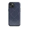 Glossy Navy Quilted Stitch MagSafe Tough Case for iPhone — diagonal diamond grid of white dashed stitch lines and small