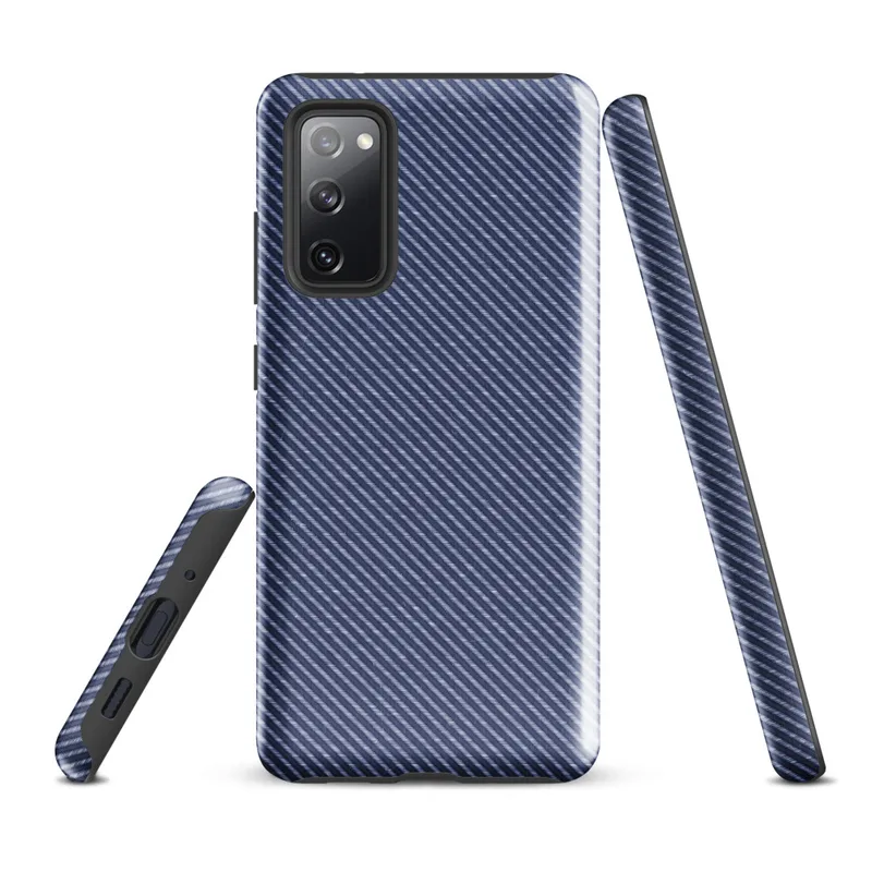 Glossy Navy Twill Diagonal Stripe Tough Case for Samsung — close-up diagonal twill weave pattern in deep navy and light blue