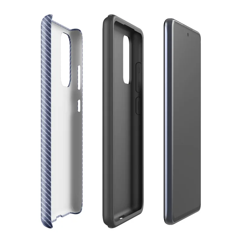 Glossy Navy Twill Diagonal Stripe Tough Case for Samsung — close-up diagonal twill weave pattern in deep navy and light blue