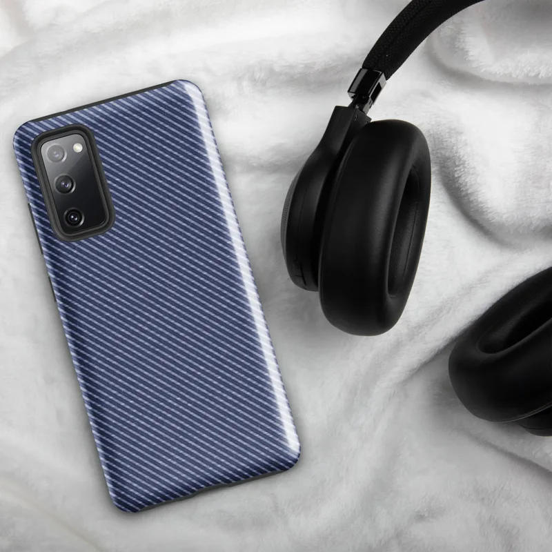 Glossy Navy Twill Diagonal Stripe Tough Case for Samsung — close-up diagonal twill weave pattern in deep navy and light blue