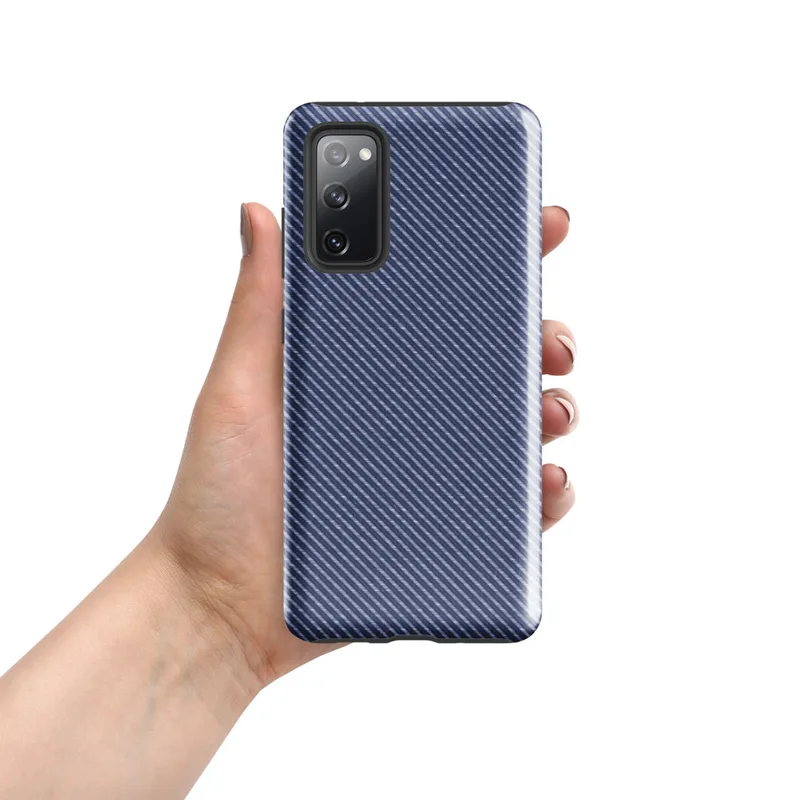 Glossy Navy Twill Diagonal Stripe Tough Case for Samsung — close-up diagonal twill weave pattern in deep navy and light blue