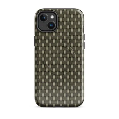 tightly interlocked over-under basketweave pattern in deep olive green and warm khaki tones resembling hand-woven rattan on Glossy Woven Rattan Texture MagSafe Tough Case for iPhone - default - Front view