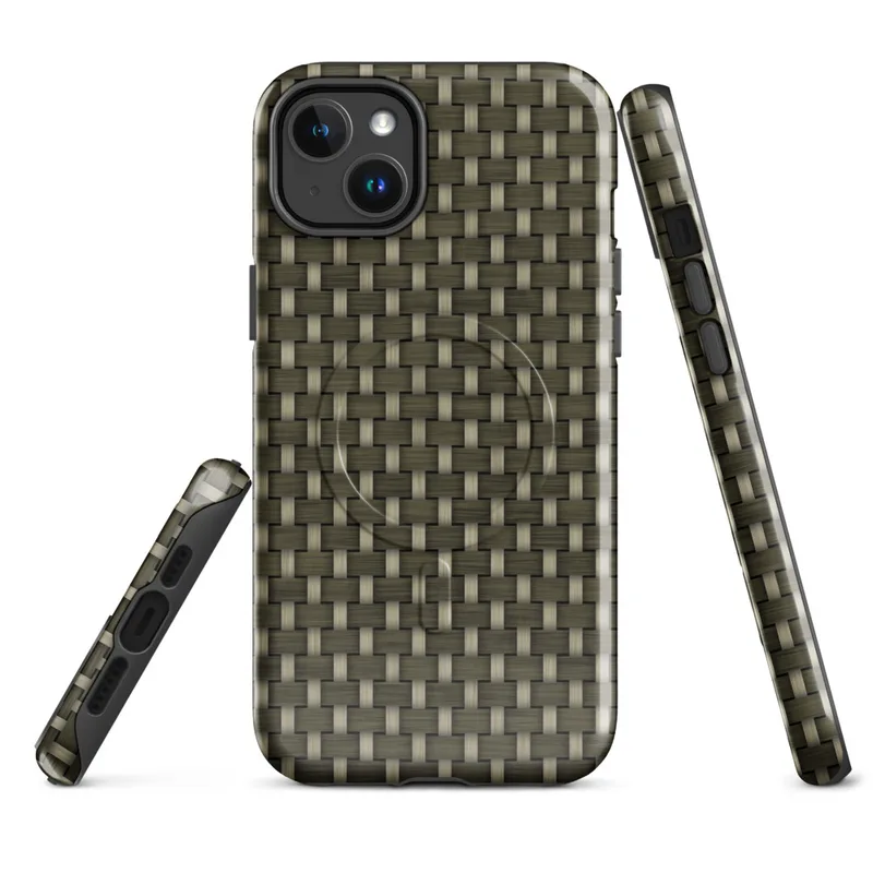 Glossy Woven Rattan Texture MagSafe Tough Case for iPhone — tightly interlocked over-under basketweave pattern in deep olive