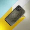 Glossy Woven Rattan Texture MagSafe Tough Case for iPhone — tightly interlocked over-under basketweave pattern in deep olive