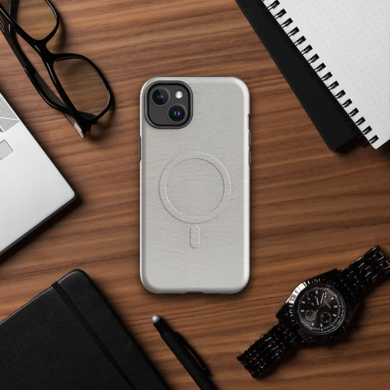 Glossy Stone Linen Texture MagSafe Tough Case for iPhone — soft grey crinkled linen textile texture with subtle natural
