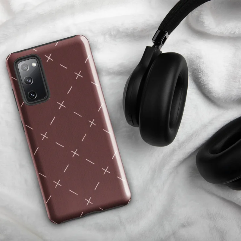 Glossy Crimson Cross Stitch Tough Case for Samsung — repeating white cross stitch marks and diagonal dashes on a deep