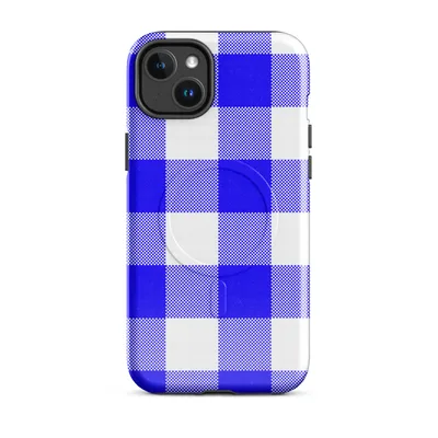 bold cobalt blue and white gingham check pattern with a traditional woven grid of solid, mixed, and open squares on Glossy Classic Blue Gingham Check MagSafe Tough Case for iPhone - default - Front view