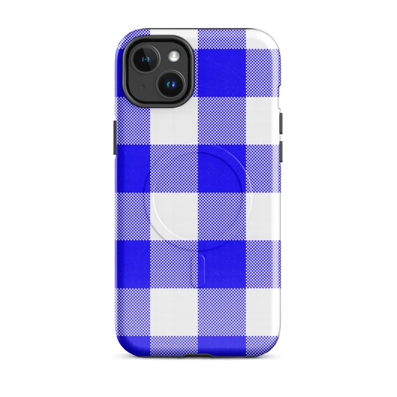 Glossy Classic Blue Gingham Check MagSafe Tough Case for iPhone — bold cobalt blue and white gingham check pattern