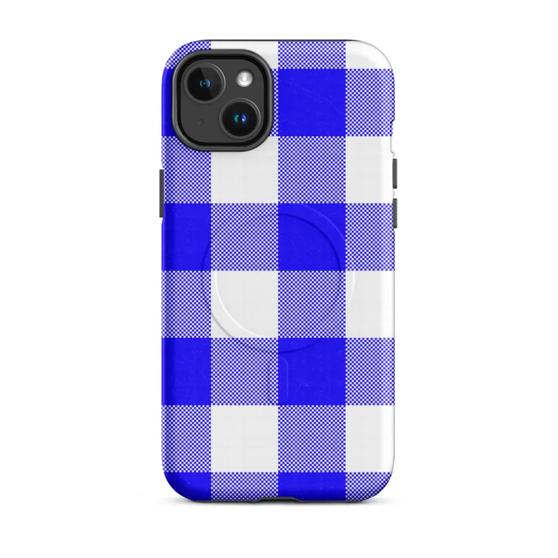 Matte Classic Blue Gingham Check MagSafe Tough Case for iPhone — bold cobalt blue and white gingham check pattern