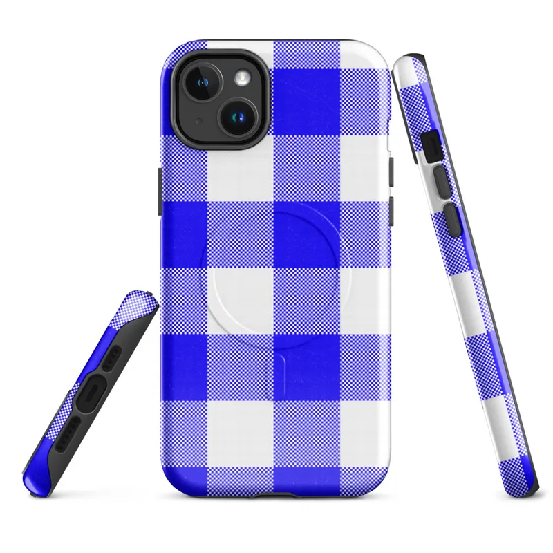 Glossy Classic Blue Gingham Check MagSafe Tough Case for iPhone — bold cobalt blue and white gingham check pattern