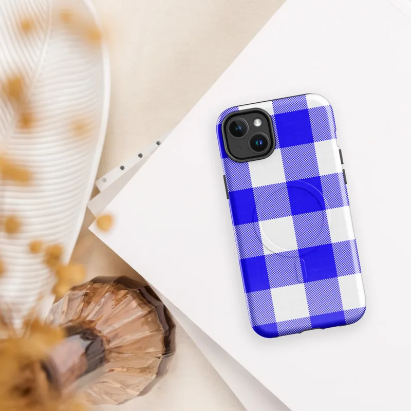 Glossy Classic Blue Gingham Check MagSafe Tough Case for iPhone — bold cobalt blue and white gingham check pattern