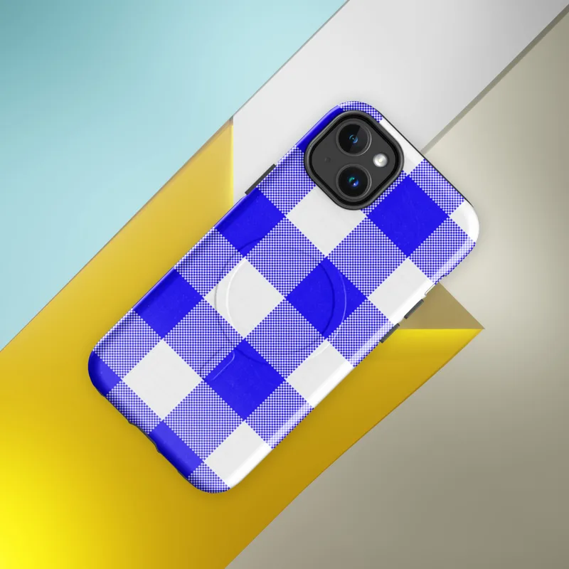 Glossy Classic Blue Gingham Check MagSafe Tough Case for iPhone — bold cobalt blue and white gingham check pattern