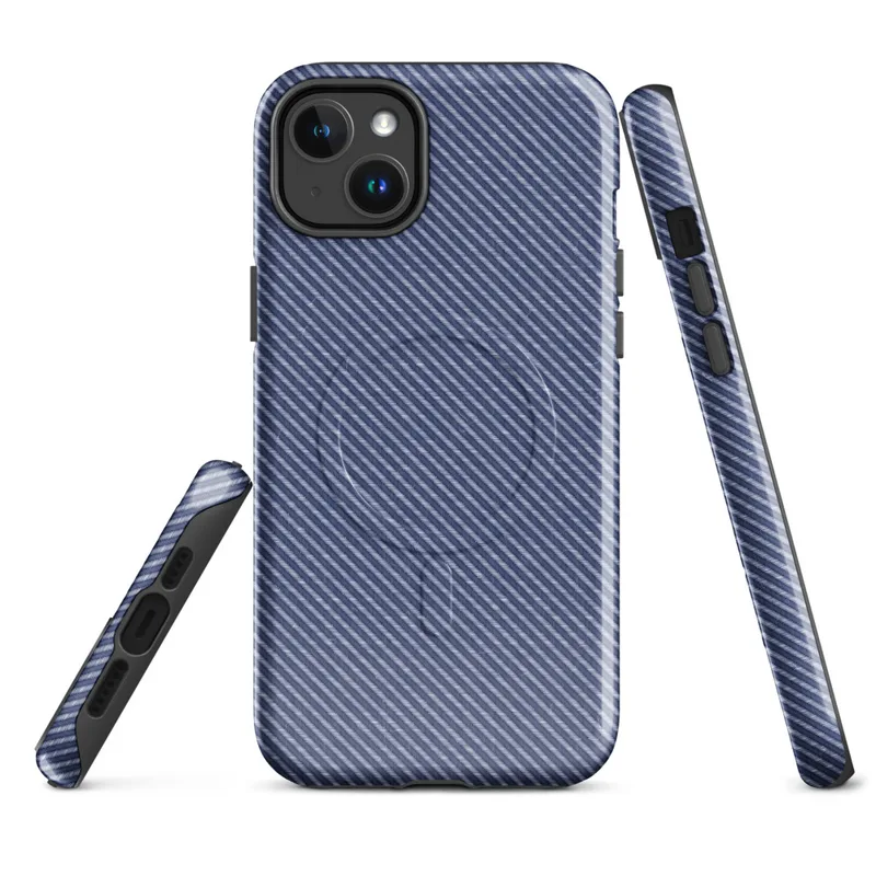Glossy Navy Twill Weave Classic MagSafe Tough Case for iPhone — diagonal twill weave textile pattern in deep navy blue