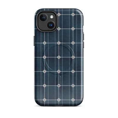close-up repeating pattern of deep navy blue monocrystalline solar cells with silver metallic grid lines and diamond-shaped corner intersections on Glossy Solar Grid Power MagSafe Tough Case for iPhone - default - Front view