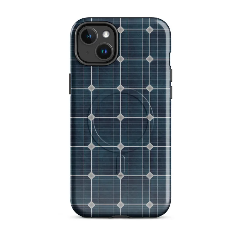 Glossy Solar Grid Power MagSafe Tough Case for iPhone — close-up repeating pattern of deep navy blue monocrystalline solar