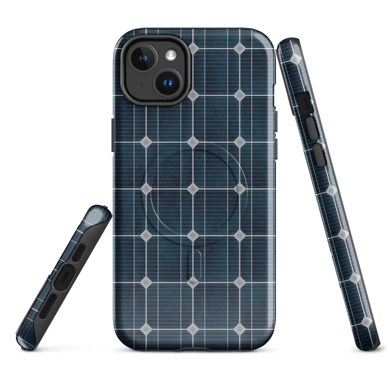 Glossy Solar Grid Power MagSafe Tough Case for iPhone — close-up repeating pattern of deep navy blue monocrystalline solar
