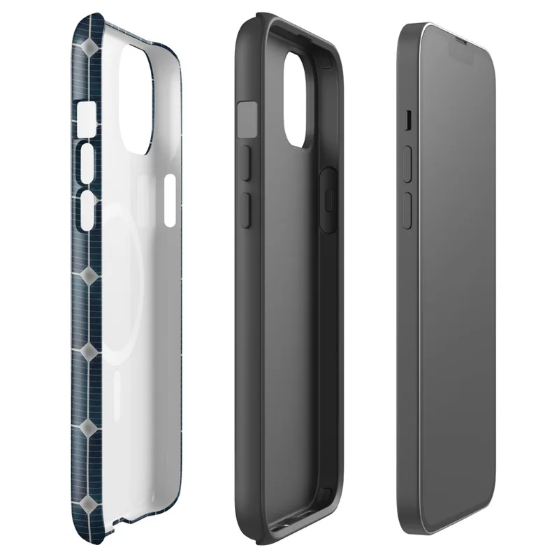 Glossy Solar Grid Power MagSafe Tough Case for iPhone — close-up repeating pattern of deep navy blue monocrystalline solar