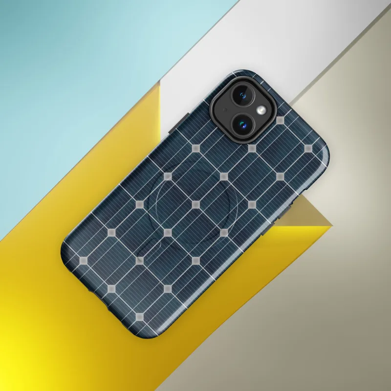 Glossy Solar Grid Power MagSafe Tough Case for iPhone — close-up repeating pattern of deep navy blue monocrystalline solar