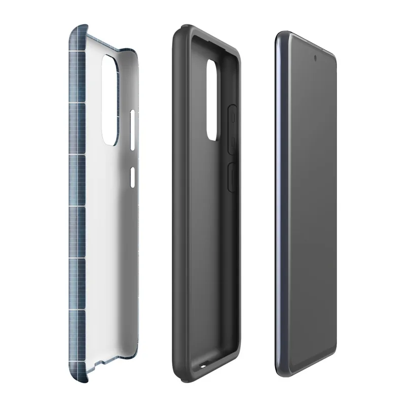 Glossy Solar Grid Power Tough Case for Samsung — close-up repeating grid of deep navy and teal solar panel cells with silver