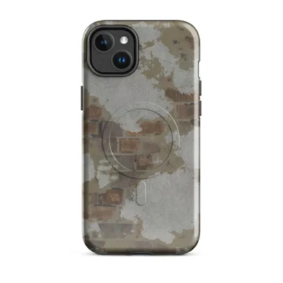 peeling white and grey plaster revealing aged terracotta bricks beneath, with rust stains and earthy tones in a photorealistic style on Glossy Crumbling Plaster Brick Wall MagSafe Tough Case for iPhone - default - Front view